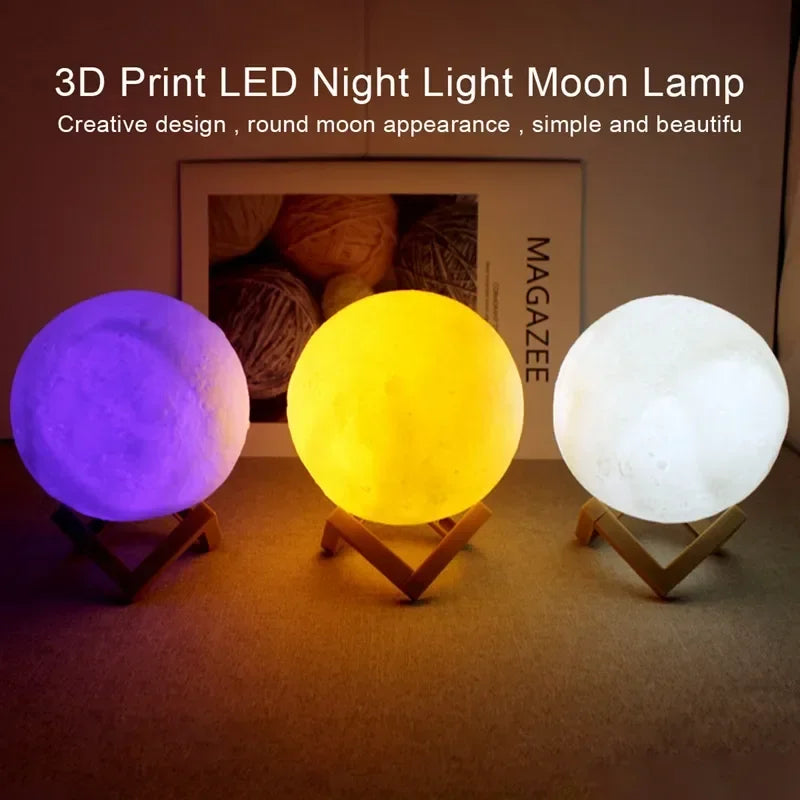 LED Night Light 8cm Moon Lamp Battery Powered With Stand Starry Lamp Bedroom Decor Night Lights Kids Gift Button Cell